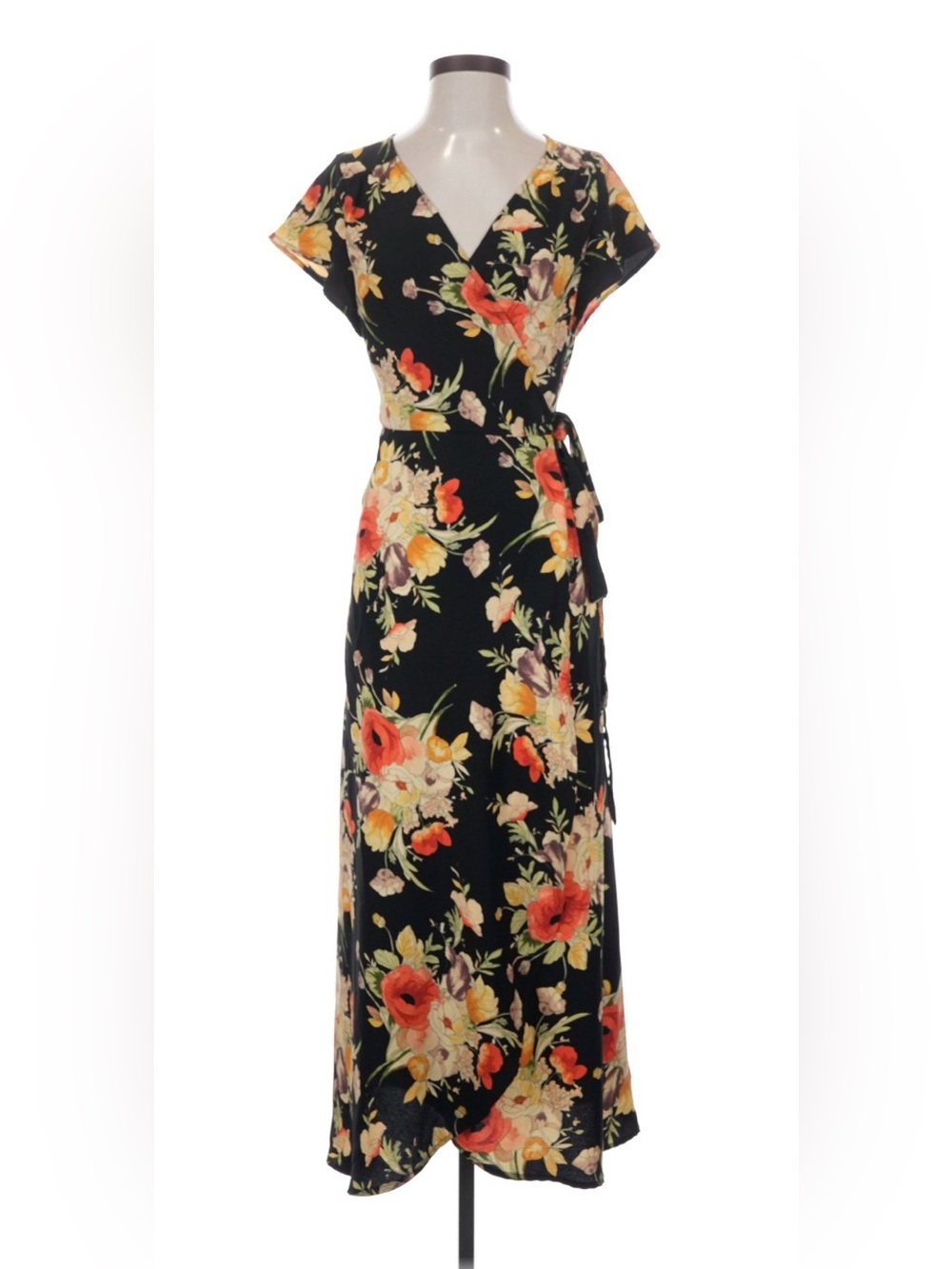 Sanctuary Black Floral Wrap Maxi Dress with Orange & Yellow Blooms